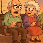 An elderly couple, Bert and Edna, are sitting on the porch swing