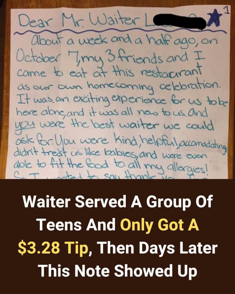 Waiter Receives a $3.28 Tip from Teens—Days Later, a Surprising Note Arrives