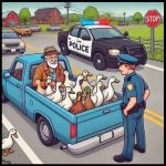 A policeman pulls over an old man driving a pickup truck