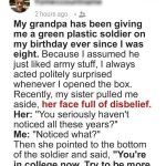 Grandpa Gave Me a Green Plastic Soldier on My Birthday for Years — One Day I Finally Understood Why, and I Was Utterly Stunned