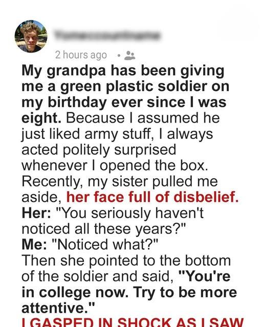 Grandpa Gave Me a Green Plastic Soldier on My Birthday for Years — One Day I Finally Understood Why, and I Was Utterly Stunned